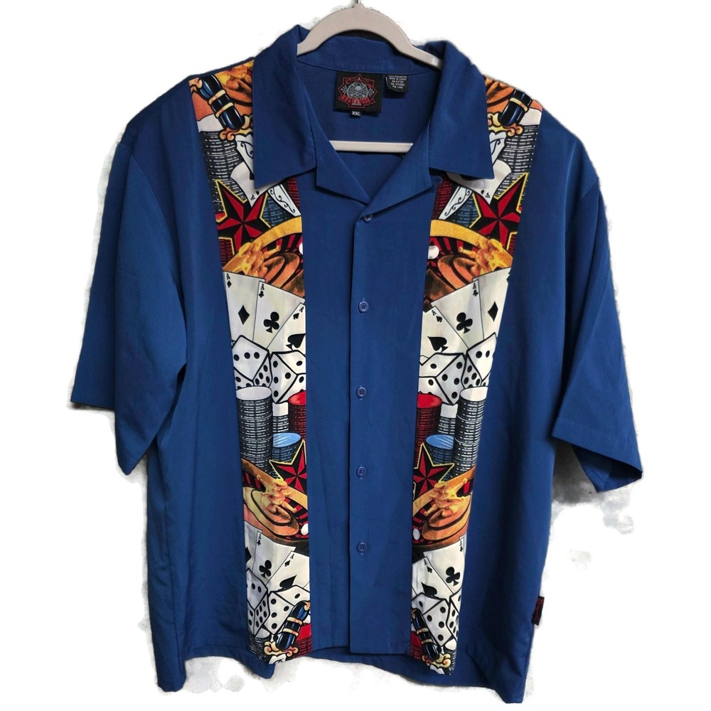Dragonfly Roadhouse Mens 2XL Blue Casino Graphic Short Sleeve Button Shirt